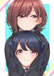  2girls bangs black_hair bow brown_hair cheek_squash commentary_request fangs fukumaru_koito hair_bow hair_ornament hairclip hands_on_another&#039;s_cheeks hands_on_another&#039;s_face highres higuchi_madoka hug hug_from_behind idolmaster idolmaster_shiny_colors long_sleeves mole mole_under_eye multiple_girls purple_eyes short_hair simoumi_217 skin_fangs sweatshirt swept_bangs twintails 