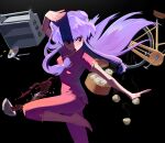  1girl barefoot bicycle black_background breasts feet food ground_vehicle highres jheflow45 noodles open_mouth purple_hair ramen ranma_1/2 red_eyes shampoo_(ranma_1/2) solo 