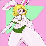  5_fingers anthro big_breasts blonde_hair bra breasts carrot_(one_piece) castinly clothing confusion female fingers fluffy fluffy_tail hair hi_res lagomorph leporid mammal one_piece rabbit rear_view red_eyes short_hair slim solo thick_thighs underwear 