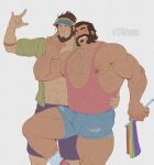  2boys abs absurdres bara beard biceps blue_eyes blush brown_hair collared_shirt couple facial_hair flag glensaru graves_(league_of_legends) hairy hat highres large_pectorals league_of_legends lgbt_pride long_hair looking_at_viewer male_focus manly mature_male multiple_boys muscular muscular_male navel navel_hair nipples open_clothes open_shirt pectorals rainbow_flag shirt shorts simple_background smile tank_top tattoo teeth thick_arms thick_eyebrows thick_thighs thighs torn_clothes twisted_fate white_background yaoi yellow_eyes 