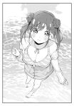 1girl absurdres artist_request bangs bare_legs bare_shoulders barefoot breasts cleavage commentary_request double_bun fisheye full_body greyscale hair_bun hair_ornament hairclip highres horizon idolmaster idolmaster_shiny_colors large_breasts long_sleeves looking_at_viewer monochrome ocean off_shoulder shallow_water short_twintails solo sonoda_chiyoko standing twintails water 