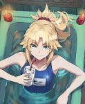  1girl bangs bare_shoulders bathtub blonde_hair blue_swimsuit braid breasts collarbone fate/apocrypha fate_(series) french_braid green_eyes highres long_hair looking_at_viewer mordred_(fate) mordred_(fate/apocrypha) name_tag one-piece_swimsuit parted_bangs ponytail revision school_swimsuit sidelocks small_breasts smile solo swimsuit tonee 