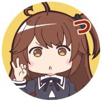  1girl :o ahoge assault_lily bangs black_ribbon black_scrunchie blush brown_hair buttons chibi circle commentary_request cropped_jacket hair_ornament hair_scrunchie hand_up heart heart_ahoge juliet_sleeves long_hair long_sleeves looking_at_viewer lowres masaki_itsuki neck_ribbon no_pupils one_side_up parted_lips portrait puffy_sleeves ribbon school_uniform scrunchie shirt sign_language simple_background solo takasuga_tsukushi translated transparent_background v-shaped_eyebrows white_shirt yellow_background yellow_eyes yurigaoka_girls_academy_school_uniform 