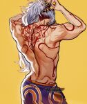  1boy arataki_itto artist_name back biceps black_nails claws ear_piercing earrings genshin_impact highres jewelry long_hair male_focus manly mature_male multicolored_hair muscular muscular_male pants piercing ponytail red_hair signature simple_background solo tattoo umikochannart white_hair yellow_background 