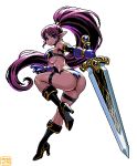  1girl armor ass bikini bikini_armor black_bikini black_footwear blue_eyes blue_gloves boots breasts cleavage earrings full_body gloves high_heel_boots high_heels highres holding holding_sword holding_weapon jewelry large_breasts long_hair looking_at_viewer mabius original pixel_art pointy_ears ponytail purple_hair simple_background swimsuit sword thigh_strap very_long_hair warrior weapon white_background 