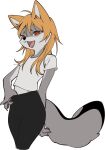  2022 4_fingers anthro black_body black_fur black_nose blonde_hair breasts canid canine claws clothing clothing_pull cute_fangs female finger_claws fingers fox fur grey_body grey_fox grey_fur gyo_bok hair hi_res kemono long_hair looking_at_viewer mammal multicolored_body multicolored_fur open_mouth orange_eyes pawpads paws portrait shirt simple_background small_breasts solo three-quarter_portrait tongue topwear translated_description two_tone_body two_tone_fur two_tone_tail urocyon white_background white_body white_fur yellow_ears 