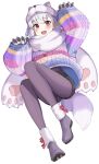  1girl absurdres animal_costume animal_feet animal_hands badge bangs blush braid breasts fate/grand_order fate_(series) gloves grey_pants hair_ribbon highres kama_(fate) kopaka_(karda_nui) long_sleeves looking_at_viewer multicolored_sweater open_mouth pants paw_gloves paw_shoes purple_scarf red_eyes ribbon scarf short_hair small_breasts smile solo tail twin_braids white_hair wolf_hood wolf_tail 