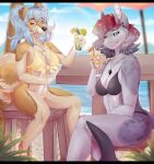  alcohol anthro beach beverage blue_hair canid canine canis christa(reiko4835i) clothing cocktail detailed_background digital_drawing_(artwork) digital_media_(artwork) domestic_dog duo female fish fur hair hi_res long_hair mammal marine multicolored_body multicolored_hair palm_tree piercing plant purple_eyes reiko4835i sea seaside shark shark_tail sitting summer suspension swimwear tree water 