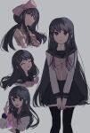  1girl 5_106y absurdres bangs bare_shoulders black_sailor_collar bow bowtie cropped_torso danganronpa:_trigger_happy_havoc danganronpa_(series) facing_viewer grey_background grey_shirt hair_between_eyes hair_ornament hairclip highres long_hair long_sleeves looking_at_viewer maizono_sayaka miniskirt multiple_views open_mouth pink_bow pink_bowtie pleated_skirt revision sailor_collar shirt simple_background skirt smile thighhighs zettai_ryouiki 