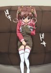  bad_id bad_pixiv_id blue_eyes blush brown_hair couch fang hair_ornament hand_under_clothes hand_under_shirt makkusu masturbation nogizaka_haruka_no_himitsu nogizaka_mika overall_skirt overalls panties panty_pull self_fondle shirt sitting solo thighhighs twintails underwear 