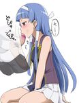  1girl :&gt;= bangs blue_hair blunt_bangs censored fellatio gokkun hair_tubes hetero kannagi long_hair nagi oral penis pleated_skirt pointless_censoring skirt solo_focus swallowing white_skirt youkan 