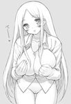  :p blush bottomless breasts censored cleavage copyright_request greyscale huge_breasts long_hair monochrome mutsutake open_clothes open_shirt pussy shirt sketch solo tongue tongue_out 