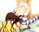  bad_id bad_pixiv_id bed blush brown_hair copyright_request cum doggystyle long_hair nude panties panties_aside pillow saliva sex socks solo_focus striped striped_legwear thighhighs top-down_bottom-up underwear yaoto 