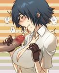  1girl blue_hair blush breast_grab breasts censored cleavage cum cum_in_mouth cum_on_tongue devil_may_cry ejaculation gloves grabbing handjob hetero lady_(devil_may_cry) large_breasts meme50 mosaic_censoring open_mouth penis short_hair solo_focus tongue 