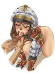  all_fours bottomless breasts brown_hair cum cum_in_mouth cum_on_tongue ejaculation fellatio final_fantasy final_fantasy_xi gauntlets hat large_breasts mihli_aliapoh mithra non-web_source oral penis short_hair solo_focus sweat tomotsuka_haruomi tongue tongue_grab tongue_out torn_clothes 
