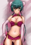  bar_censor blush braid breasts bun_cover censored china_dress chinese_clothes cleavage colorized double_bun dress elbow_gloves fat_mons gloves gold_trim green_hair gundam gundam_00 highres ishikei large_breasts long_hair navel nipples pussy slender solo third-party_edit twin_braids wang_liu_mei yellow_eyes 