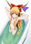 bad_id bad_pixiv_id bath bathtub blonde_hair brown_eyes highres horns ibuki_suika karukei long_hair nude ribbon solo touhou water 