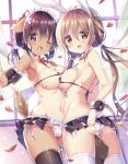  2girls ;d animal_ears ass bangs bare_shoulders black_bra black_skirt blurry blurry_background blush bow bowtie bra breasts brown_hair brown_legwear bunny_ears cameltoe collar collarbone commentary_request curtains depth_of_field detached_collar dog_ears dog_girl dog_tail eyebrows_visible_through_hair hair_between_eyes hair_bobbles hair_ornament highres kurou_(quadruple_zero) large_breasts leg_between_thighs long_hair low_twintails microskirt multiple_girls navel one-piece_tan one_eye_closed open_mouth original outstretched_arm panties petals pleated_skirt pussy_juice red_eyes red_neckwear side-tie_panties sidelocks skirt smile tail tan tanline thighhighs twintails underwear very_long_hair white_collar white_legwear white_panties window wrist_cuffs 