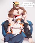  abs andre_(chirenbo) anthro barefoot bottomwear chair clothing colored cougar duo erea eyes_closed fangs feet felid feline fur furniture grey_background hair hand_on_chest hi_res insaneeighteen looking_at_viewer male mammal muscular muscular_anthro muscular_male navel nipples pantherine pants pecs reclining simple_background sitting teeth tiger 