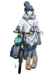  1girl absurdres bicycle blue_hair boots denim folding_bicycle full_body gloves ground_vehicle hair_bun highres jeans pants purple_eyes saddlebags scarf shawl shima_rin solo white_background yasu_(pixiv) yurucamp 