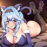  animal_humanoid big_breasts blue-senpai blue_hair blush breasts butt cat_humanoid cleavage clothed clothing felid felid_humanoid feline feline_humanoid female hair humanoid legwear lying mammal mammal_humanoid on_front solo thigh_highs 