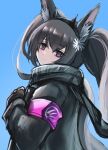  1girl 3_(sanyako1) animal_ear_fluff animal_ears arknights armband black_coat black_gloves black_hair black_scarf blue_background coat fingerless_gloves from_side frown gloves hair_between_eyes hair_ornament highres kjerag_logo long_hair looking_at_viewer monch_(arknights) one-hour_drawing_challenge purple_eyes purple_ribbon ribbon scarf simple_background solo split_mouth twintails upper_body winter_clothes winter_coat 