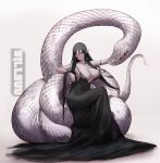  1girl animal billsuu black_dress black_hair breasts cleavage commission crossed_legs dress english_commentary familiar full_body highres huge_breasts long_dress long_hair no_bra orange_eyes original oversized_animal pale_skin plunging_neckline pointy_ears second-party_source sitting sitting_on_animal snake solo_focus spaghetti_strap strap_slip white_background 