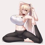  1girl bangs barefoot belt_collar black_pants blonde_hair bra breasts cleavage closed_mouth collar full_body grey_background hair_between_eyes highres huge_breasts kubiwa_(kutan) kutan long_hair looking_at_viewer navel one_eye_closed orange_eyes original pants ponytail red_collar simple_background solo sports_bra sweat underwear very_long_hair white_bra yoga yoga_pants 