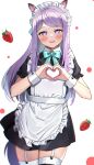  1girl :d absurdres alternate_costume animal_ears apron bangs black_dress black_legwear blue_bow blush bow collared_dress dress enmaided food frilled_apron frills fruit garter_straps heart heart_hands highres horse_ears horse_girl horse_tail kubong long_hair looking_at_viewer maid maid_apron maid_headdress mejiro_mcqueen_(umamusume) puffy_short_sleeves puffy_sleeves purple_eyes purple_hair short_sleeves simple_background smile solo strawberry swept_bangs tail teeth thighhighs umamusume upper_teeth very_long_hair white_apron white_background 