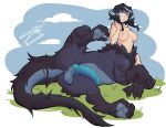  4_legs absurd_res ambiguous_gender balls big_breasts big_penis blue_eyes blue_hair breasts claws four_digits fur furry_tail genitals hair half_human hi_res jomaro_(artist) lounging pawpads paws penis quimera saggy_balls simple_background smile solo spread_legs spreading taur 