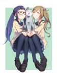  2girls absurdres animal black_legwear blonde_hair cat closed_eyes cuddling glasses hair_bobbles hair_ornament highres inuyama_aoi loafers long_hair multiple_girls oogaki_chiaki pantyhose purple_hair school_uniform shoes side_ponytail simple_background smile thick_eyebrows yasu_(pixiv) yurucamp 