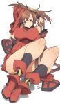  1girl absurdres ankle_boots arm_up bangs bare_shoulders boots breasts brown_eyes brown_hair china_dress chinese_clothes closed_mouth commentary_request dress full_body guilty_gear hair_ornament highres kuma_(jk0073) kuradoberi_jam long_hair looking_at_viewer medium_breasts red_dress red_footwear shadow shiny shiny_hair signature simple_background sitting sleeveless sleeveless_dress smile thighs white_background 