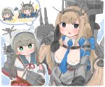  2girls black_gloves blonde_hair blue_necktie blue_ribbon blue_sailor_collar braid breasts capelet commentary_request detached_sleeves dress french_braid gloves green_eyes grey_dress grey_eyes grey_hair hair_ribbon hat headgear highres hip_vent imagining kantai_collection large_breasts long_hair low_twintails machinery maryland_(kancolle) mikura_(kancolle) multiple_girls necktie pleated_skirt puffy_short_sleeves puffy_sleeves red_skirt ribbon sailor_collar sailor_hat sailor_shirt shirt short_sleeves skirt twintails wateru white_gloves white_headwear white_shirt 