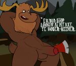  abs absurd_res anthro antlers axe balls brown_body brown_fur canada capreoline cervid don&#039;t_starve english_text erection forty_(artist) fur genitals hi_res horn klei_entertainment lucy_(don&#039;t_starve) male mammal mane melee_weapon moose penis plant slang solo stereotype tail_tuft text tools tree tree_stump tuft video_games weapon woodie_(don&#039;t_starve) 