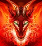  2022 digital_media_(artwork) dragon fur furred_dragon green_eyes headshot_portrait hi_res horn looking_at_viewer portrait red_body red_fur safiru 