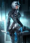  1girl aleriia_v ass bodysuit breasts commission feet grey_eyes highres knife looking_at_viewer night_vision_device original pinup_(style) science_fiction short_hair white_hair 