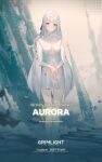 1girl 2022 aqua_eyes artist_request aurora_(grimlight) bangs breasts character_name closed_mouth company_name copyright copyright_name dress english_text grimlight highres long_hair looking_at_viewer medium_breasts official_art short_dress smile solo white_dress white_hair 
