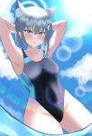  1girl absurdres animal_ear_fluff animal_ears armpits arms_behind_head bangs black_swimsuit blue_archive blue_eyes blue_sky cloud commentary_request competition_swimsuit covered_navel cowboy_shot cross_hair_ornament extra_ears grey_hair hair_ornament halo highleg highleg_swimsuit highres looking_at_viewer medium_hair mismatched_pupils multicolored_clothes multicolored_swimsuit one-piece_swimsuit partially_underwater_shot presenting_armpit shiroko_(blue_archive) shiroko_(swimsuit)_(blue_archive) sky solo sun swimsuit water xgarasux 