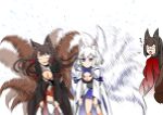  3girls akagi_(azur_lane) amagi_(azur_lane) animal_ears azur_lane blue_eyes breasts brown_hair cleavage cleavage_cutout clothing_cutout commentary fox_ears fox_tail hair_tubes kaga_(azur_lane) multiple_girls multiple_tails skirt steed_(steed_enterprise) tail white_hair 