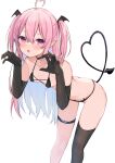  1girl absurdres ahoge bangs black_gloves black_legwear blush breasts collarbone demon_girl demon_tail elbow_gloves gloves hair_between_eyes highres leg_belt long_hair looking_at_viewer okiq original pink_eyes pink_hair simple_background small_breasts solo tail thighhighs twintails white_background 