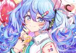  1girl ai_kotoba_iv_(vocaloid) aqua_necktie balloon bandaid bandaid_on_face bandaid_on_neck bangs bare_shoulders blue_eyes blue_hair blue_nails blush closed_mouth collared_shirt commentary confetti deadnooodles gradient_hair hair_between_eyes hair_ornament hand_up hatsune_miku heart heart_balloon heart_hair_ornament jewelry long_sleeves looking_at_viewer multicolored_hair multicolored_nails nail_polish necktie portrait purple_hair purple_nails ring shirt sideways sleeveless sleeveless_shirt smile solo twintails vocaloid white_shirt 