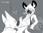  absurd_res aggressive_retsuko anthro balls big_balls black_and_white blush bottle bottomwear bottomwear_down bubble canid canine clothed clothing curved_penis drunk drunk_bubble duo english_text erection female fennec fenneko fox furniture genitals haida hi_res humanoid_genitalia humanoid_penis hyaenid imminent_oral imminent_sex laugh lying_on_table male male/male mammal maned_wolf monochrome navel necktie nikkibunn ookami_(aggretsuko) open_clothing open_mouth open_shirt open_topwear pants pants_down partially_clothed penis phone sanrio shirt spotted_hyena spying substance_intoxication table taking_picture text topwear watermark 