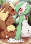  2girls animal_ears anus ass bar_censor blurry blurry_background body_fur breasts brown_fur censored dagashi_(daga2626) from_behind furry furry_female gardevoir heart heart-shaped_pupils highres hypnosis large_breasts looking_at_viewer looking_back lopunny mind_control multiple_girls pokemon pussy red_eyes saliva sideboob sitting symbol-shaped_pupils tail 