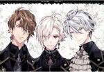  3boys ahoge anesagi_kaoru black_suit blonde_hair brown_eyes brown_hair earrings eyes_visible_through_hair formal frilled_skirt frills gem gloves grey_eyes hair_between_eyes highres jewelry kujou_tenn light_smile long_sleeves looking_at_viewer male_focus multiple_boys open_mouth pink_eyes pink_hair red_eyes red_hair shirt short_hair skirt slit_pupils smile suit tanemura_arina trigger_(idolish_7) upper_body white_hair yaotome_gaku 