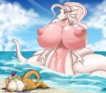  2021 5_fingers absurd_res anthro apode beach big_breasts breasts digital_media_(artwork) draconcopode dragon duo eyewear female fingers freckles hair hi_res huge_breasts hyper hyper_breasts legless lying macro marine naga nipples nosch nude orange_body orange_scales outside purple_hair reptile sand scales scalie seaside serpentine size_difference smile snake sunglasses towel water white_body white_hair 