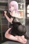  1girl absurdres ass back bangs bare_shoulders barefoot black_dress book bookshelf dress highres holding holding_book kneeling library lillly long_dress looking_at_viewer looking_back off-shoulder_dress off_shoulder original pink_eyes pink_hair sidelocks soles solo toes 