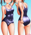  2girls :d adjusting_clothes adjusting_swimsuit arm_up artist_name ass bare_arms bare_shoulders blue_background breasts brown_hair cleavage closed_mouth collarbone commentary_request copyright_request dr_rex gradient gradient_background hand_up head_out_of_frame multiple_girls old_school_swimsuit school_swimsuit signature small_breasts smile swimsuit 
