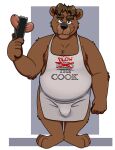  2021 alpha_channel anthro apron black_nose brown_body brown_fur bulge clothing food fur humanoid_hands male mammal neenya overweight overweight_male simple_background solo transparent_background ursid 