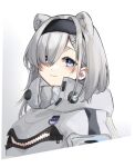  1girl animal_ears arknights aurora_(arknights) bear_ears bear_girl black_hairband blue_eyes blush cleavage_cutout clothing_cutout extra_ears goma_74umai grey_hair hair_ornament hair_over_one_eye hairband hairclip highres jacket long_hair looking_at_viewer simple_background smile solo upper_body white_background white_jacket 