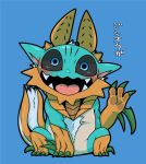  absurd_res all_fours black_sclera blue_body blue_fur blush capcom chibi claws doneru fanged_wyvern fangs feral fur gesture hi_res horn japanese_text monster monster_hunter simple_background sitting smile solo spikes text video_games waving white_body white_fur zinogre 